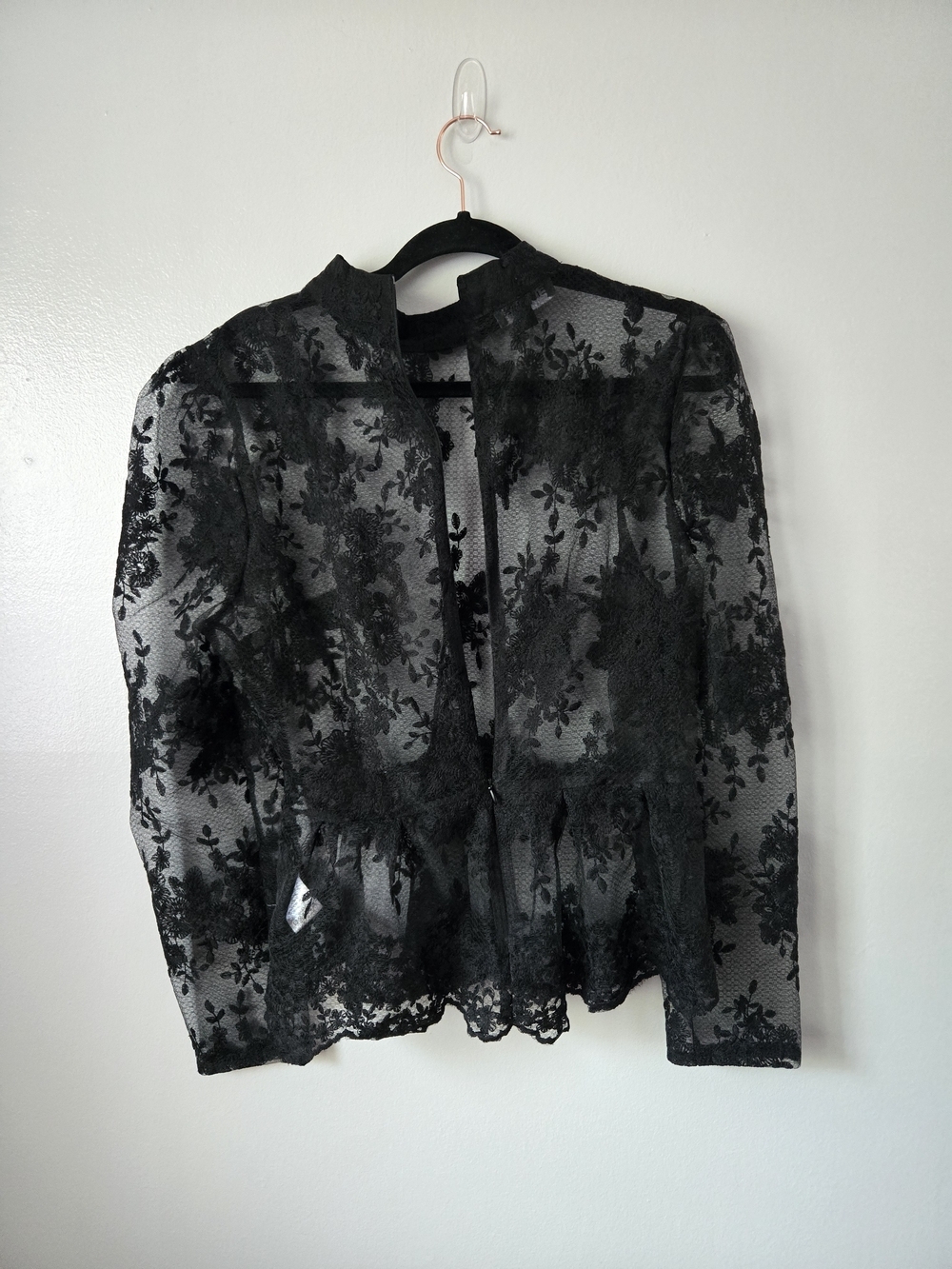 EillyBazar Black Floral Lace Sheer Long Sleeve Peplum Top Mock Neck Romantic XL - Picture 3 of 8